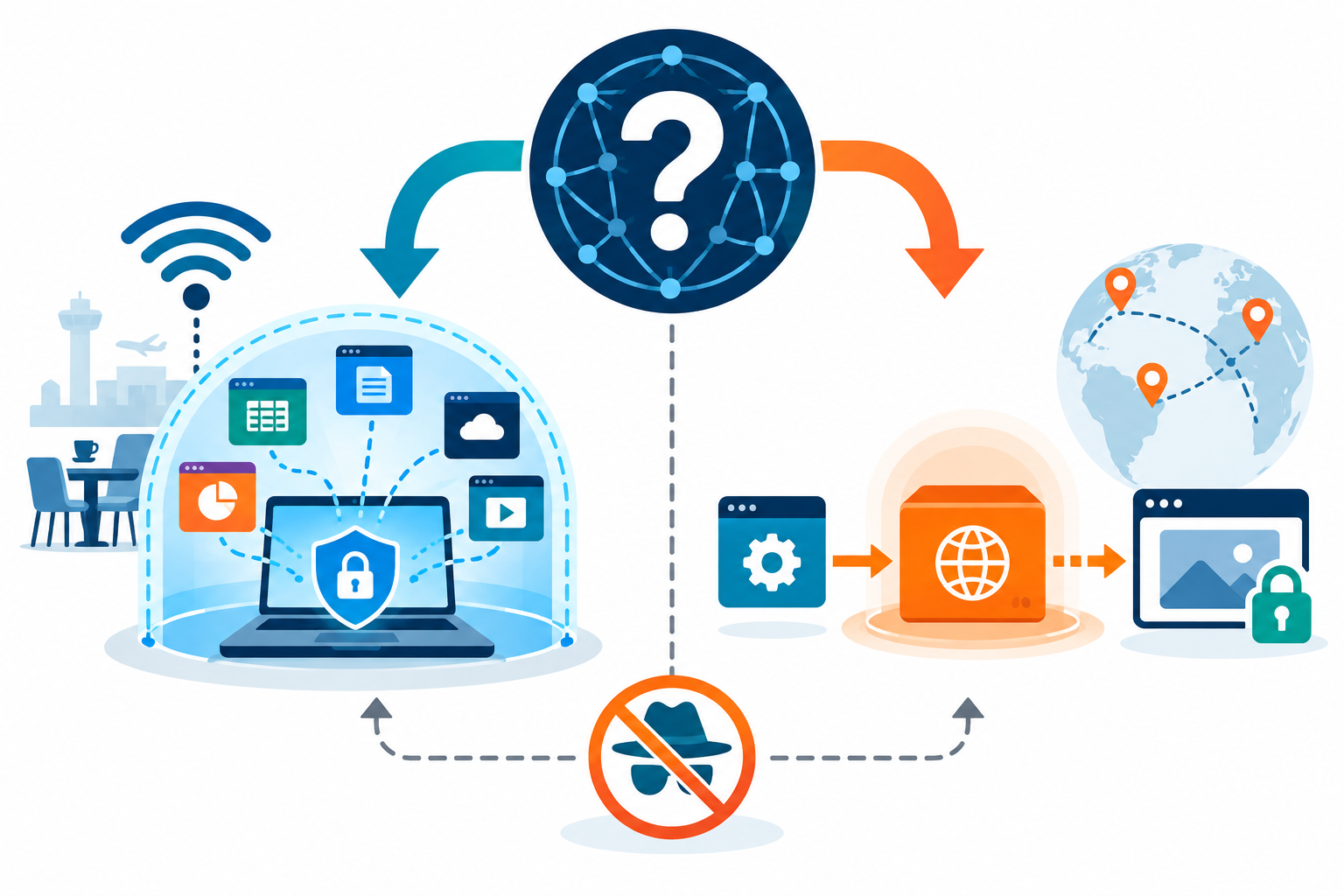 Decision diagram matching broad device protection to VPN and single-app regional testing to proxy.